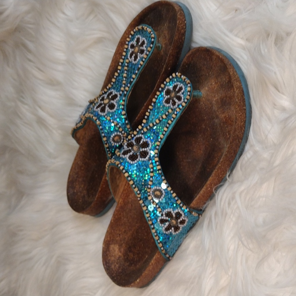 Leather beaded and sequined sandals sz 8 1/2